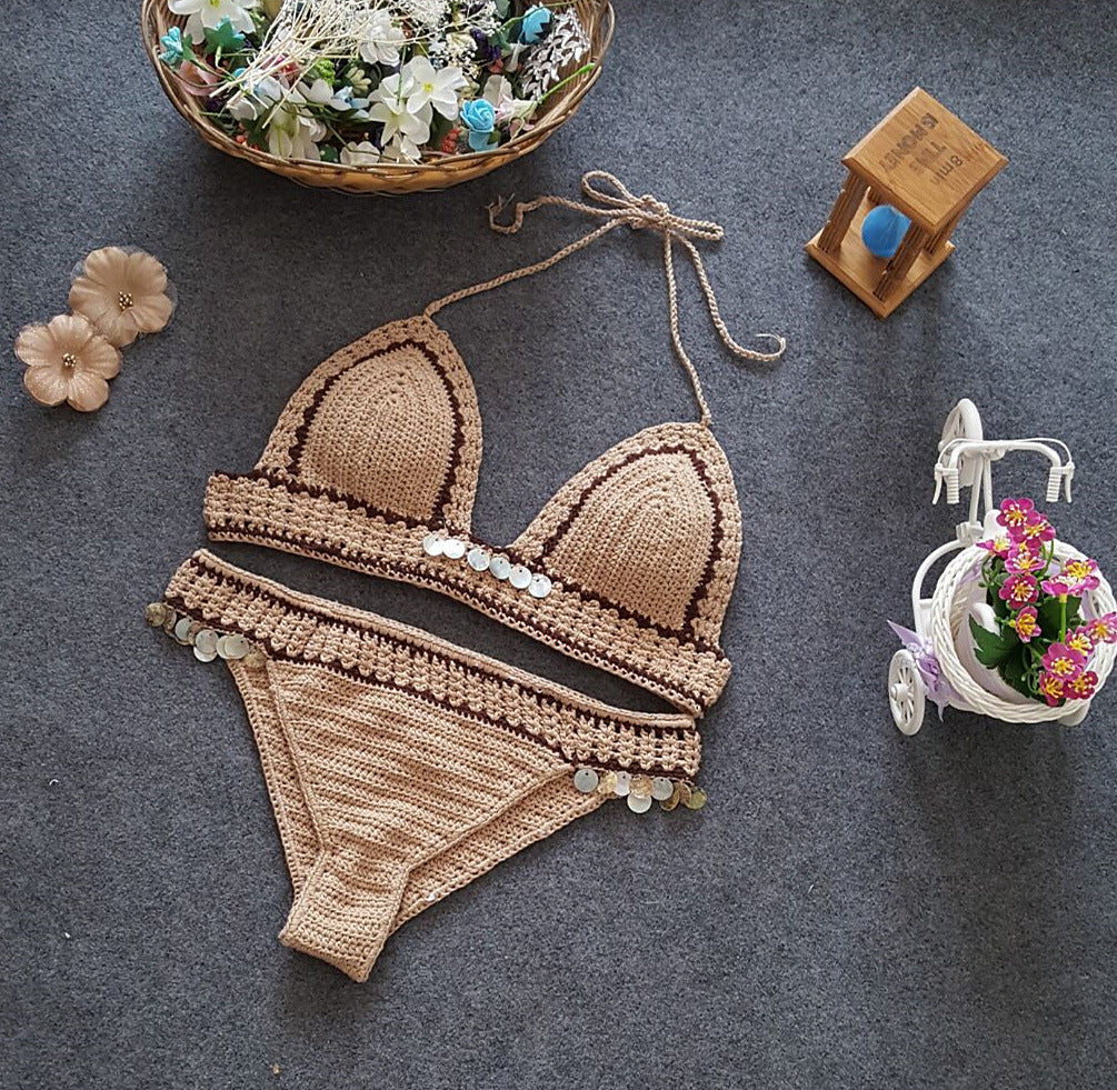 Commerce extérieur nouveau Bikini tricoté, coquille de plage Europe et amérique, ensemble de maillot de bain Sexy fendu sirène dame