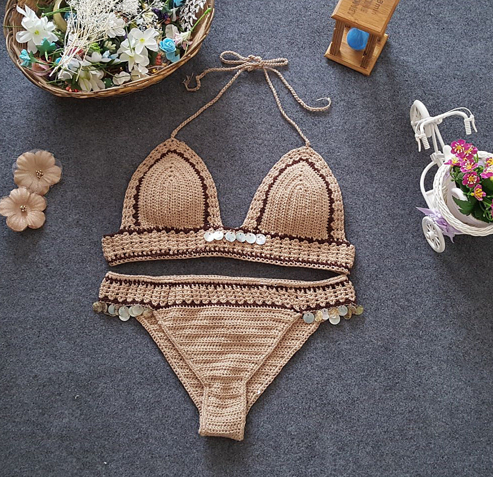 Commerce extérieur nouveau Bikini tricoté, coquille de plage Europe et amérique, ensemble de maillot de bain Sexy fendu sirène dame
