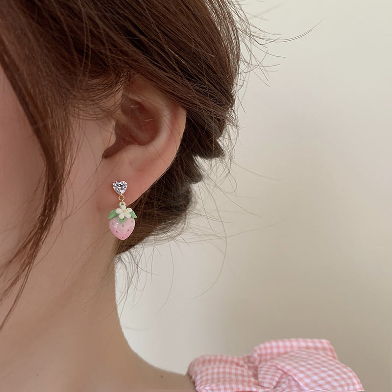 Boucles d'oreilles en argent plaqué or véritable, strass, Zircon, peinture en aérosol, amour fraise