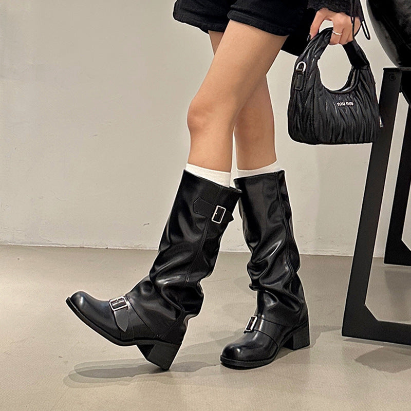 Bottes longues en dessous du genou pour femme, talon épais, tête ronde