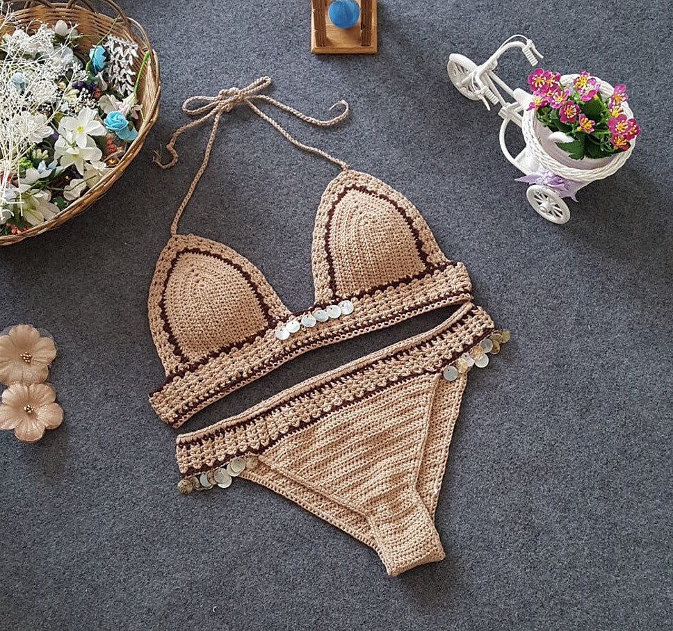 Commerce extérieur nouveau Bikini tricoté, coquille de plage Europe et amérique, ensemble de maillot de bain Sexy fendu sirène dame