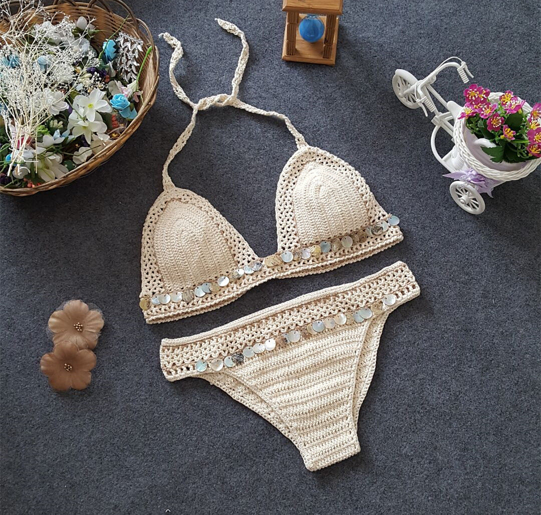Commerce extérieur nouveau Bikini tricoté, coquille de plage Europe et amérique, ensemble de maillot de bain Sexy fendu sirène dame