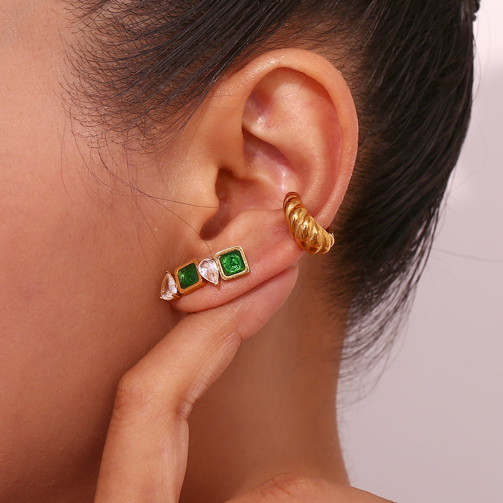 Square Green Zirconium Transparent Water Drop Stitching Earrings