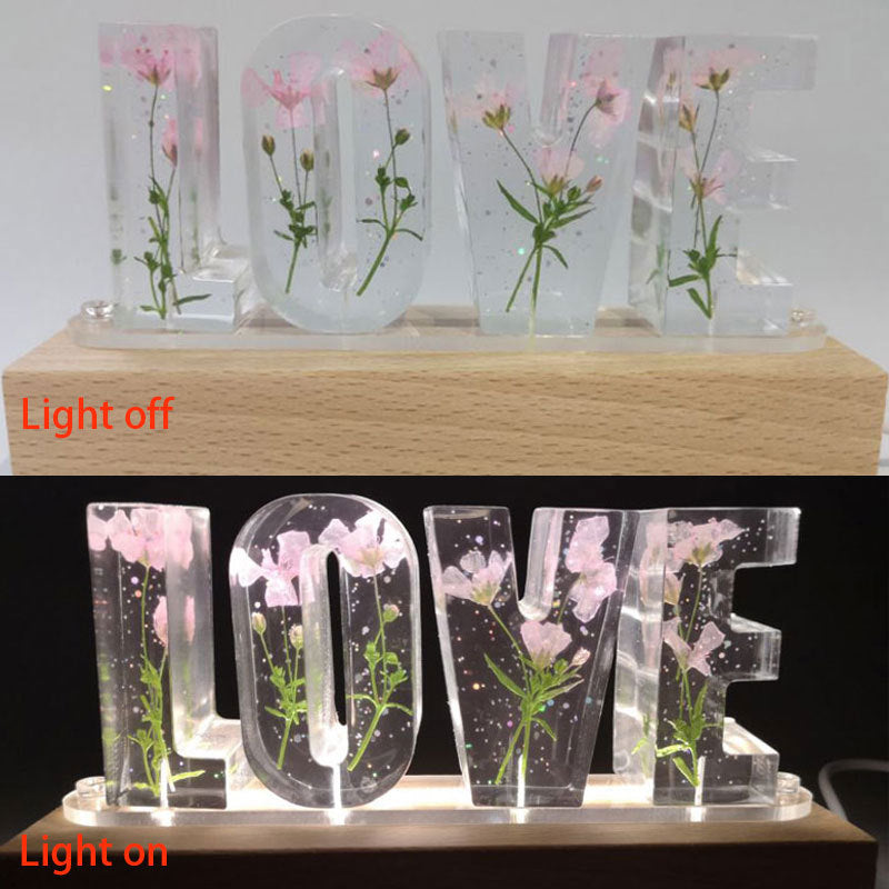 Lámpara de mesa con letras de amor, luz nocturna creativa con flores secas