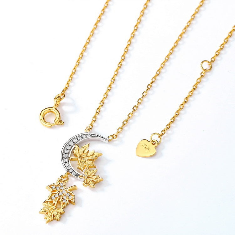 Autumn Winter Japanese And Korean Maple Leaf White Zirconium 925 Silver Necklace Women's