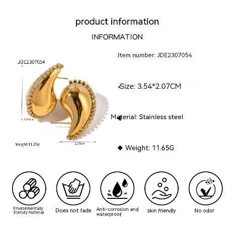 18K Gold Water Drop Titanium Steel Inlaid Zircon Earrings