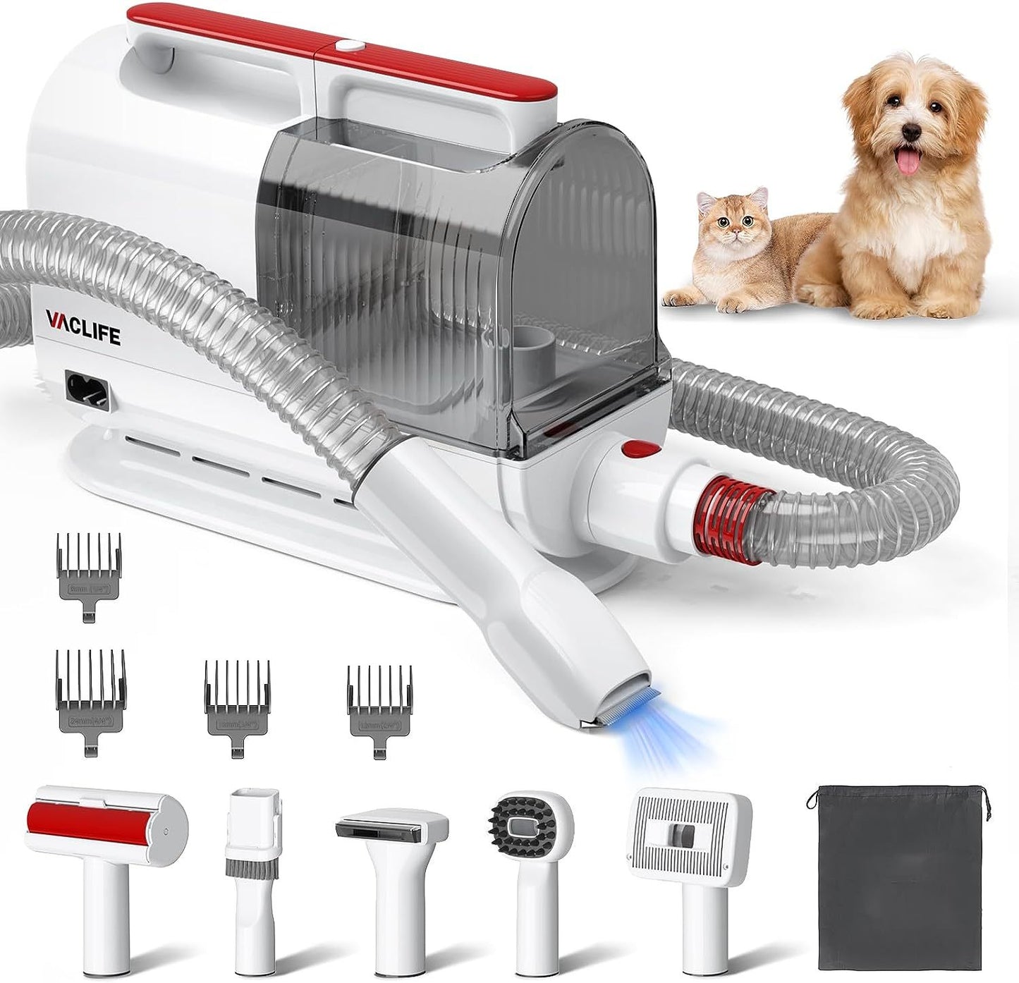 VacLife Aspirateur pour poils d'animaux avec tondeuse pour chien – Kit de toilettage polyvalent avec brosses et autres outils de toilettage pour chiens et chats – Faible bruit – Blanc et rouge