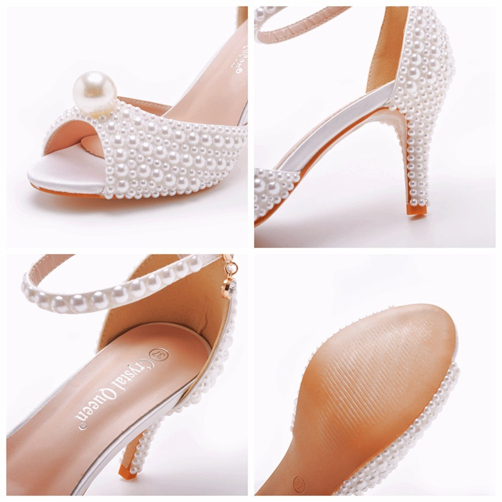 Sandales à talons hauts et bout ouvert en perles pour femmes