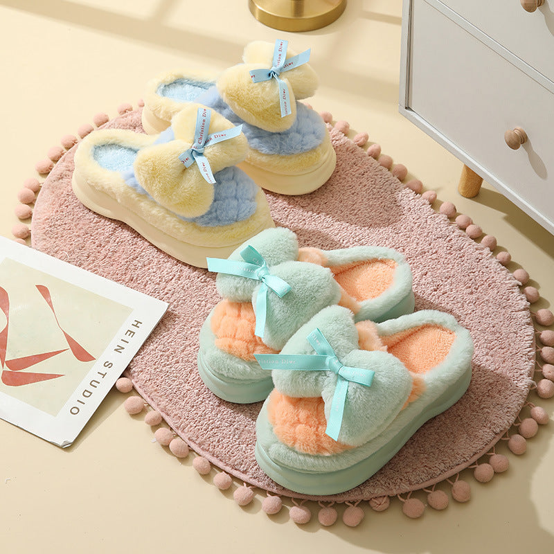 Pantoufles en coton à talons hauts pour femmes, pantoufles d'hiver à fond épais, sensation de merde à l'intérieur