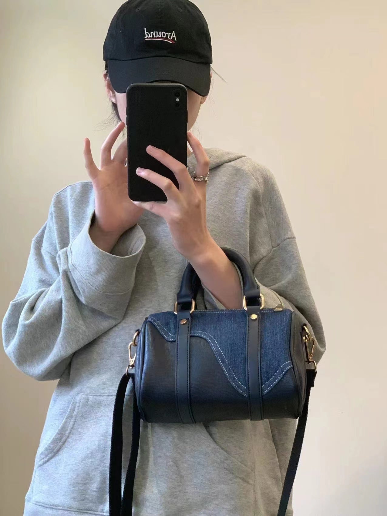 Sac Boston en cuir patchwork en denim rétro