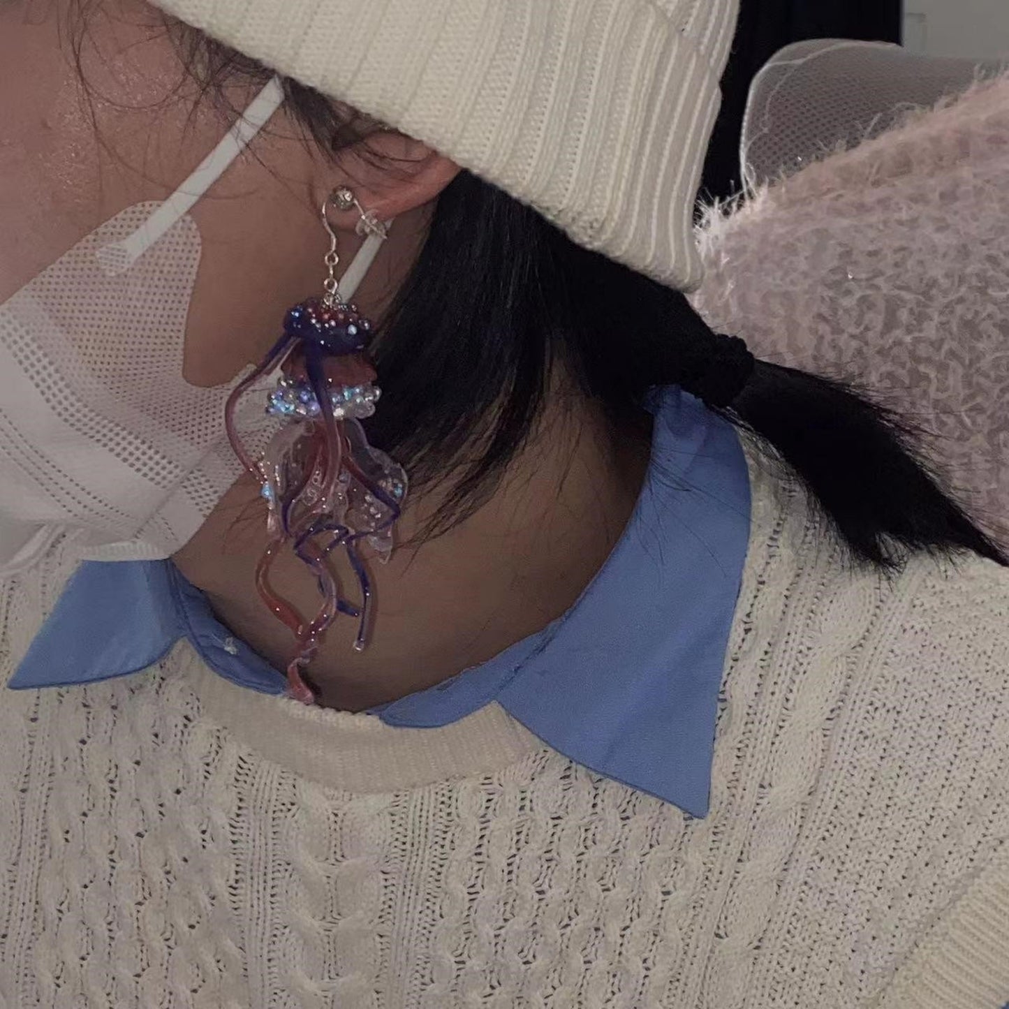 Jolies boucles d'oreilles japonaises en forme de méduse en trois dimensions