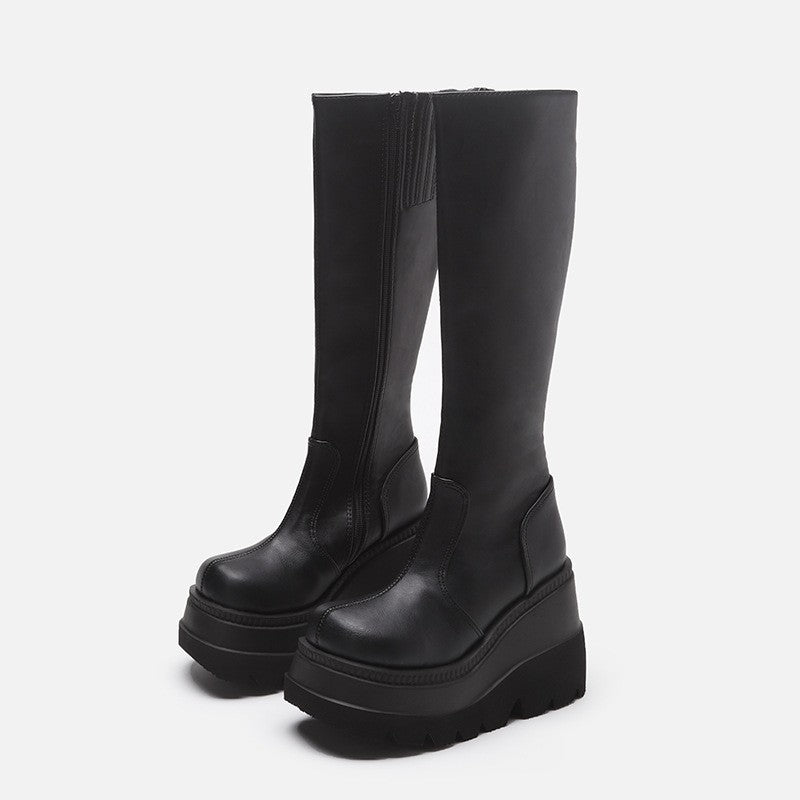 Bottes à hauteur de genou à plate-forme à petite circonférence de tube compensée à la mode pour femmes
