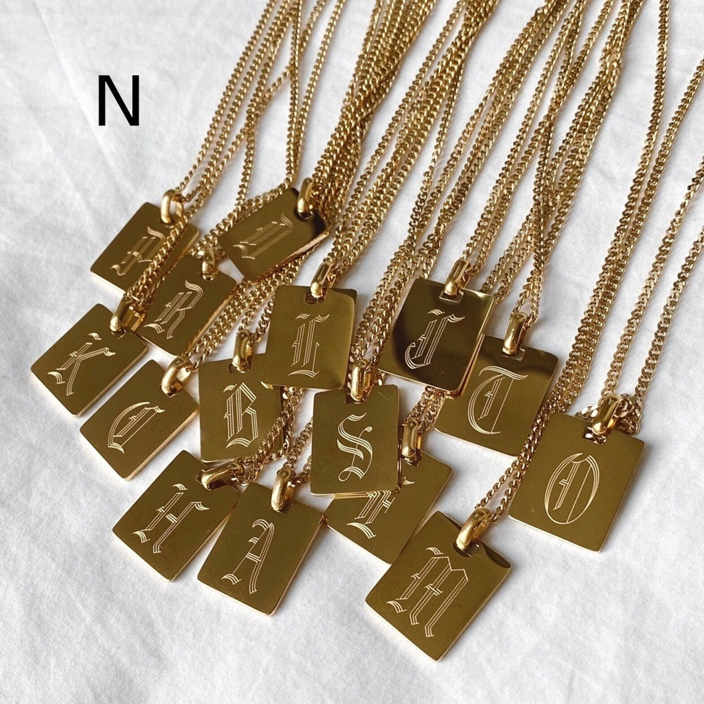 Stainless Steel Rectangular Ancient English 26 Letters Pendant Necklace For Women
