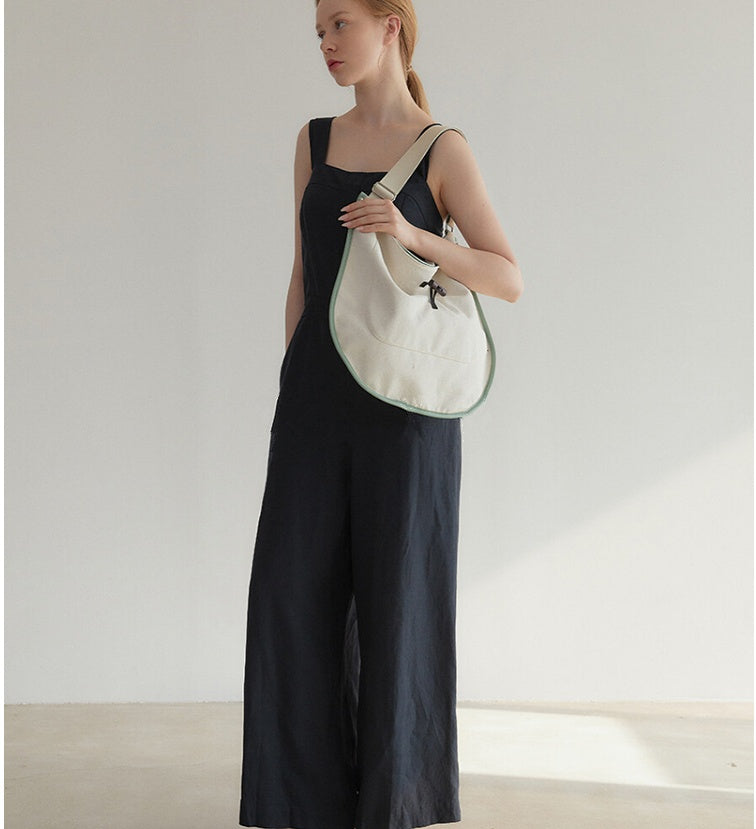 Contrast Color Texture Drawstring Tote Large Capacity Canvas Stitching Leather Simple Bag