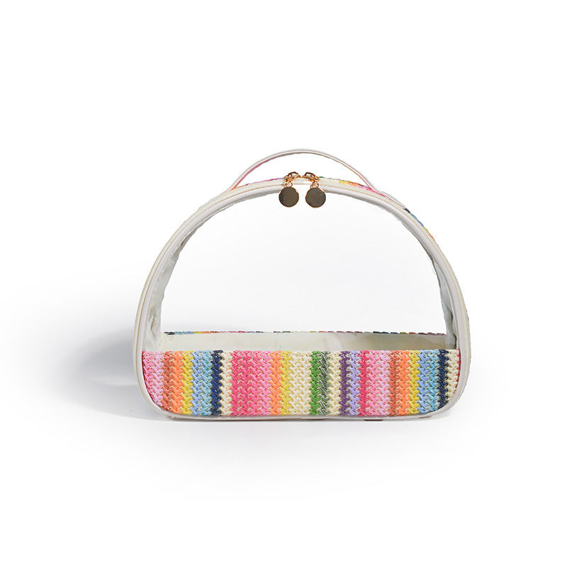 Sac à cosmétiques en PVC Transparent tissé en paille, sac à cosmétiques en demi-cercle, sac de rangement de produits de toilette tissé arc-en-ciel imperméable