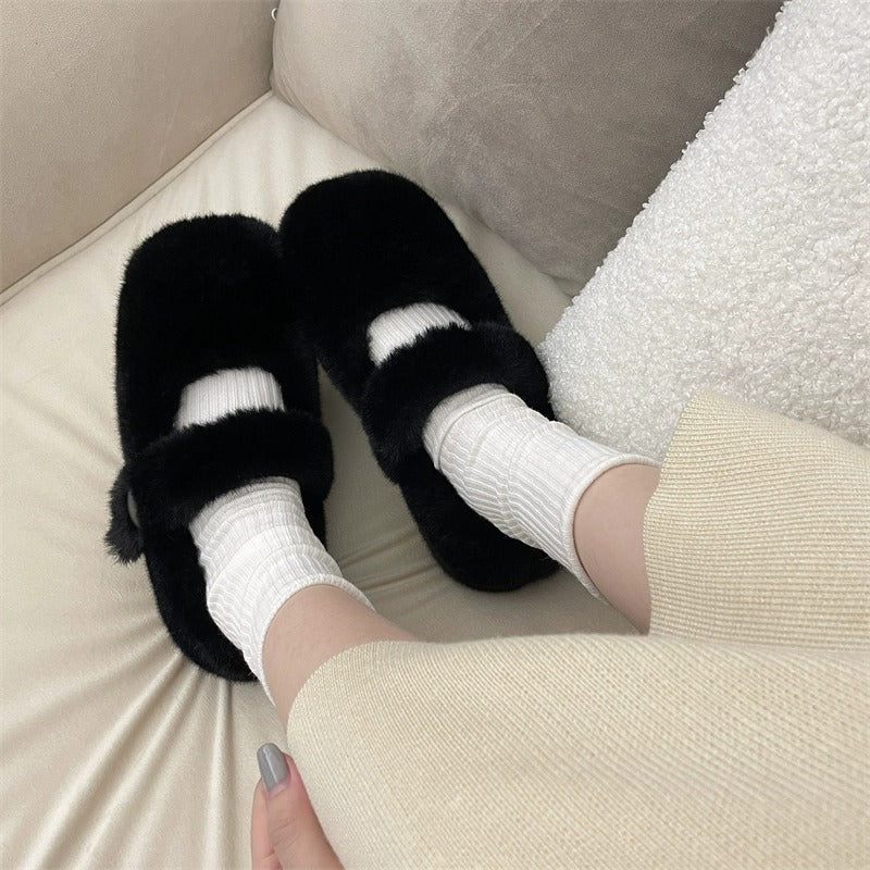 Mary Jane Fluffy Shoes Ropa de abrigo de invierno para mujer Pisos