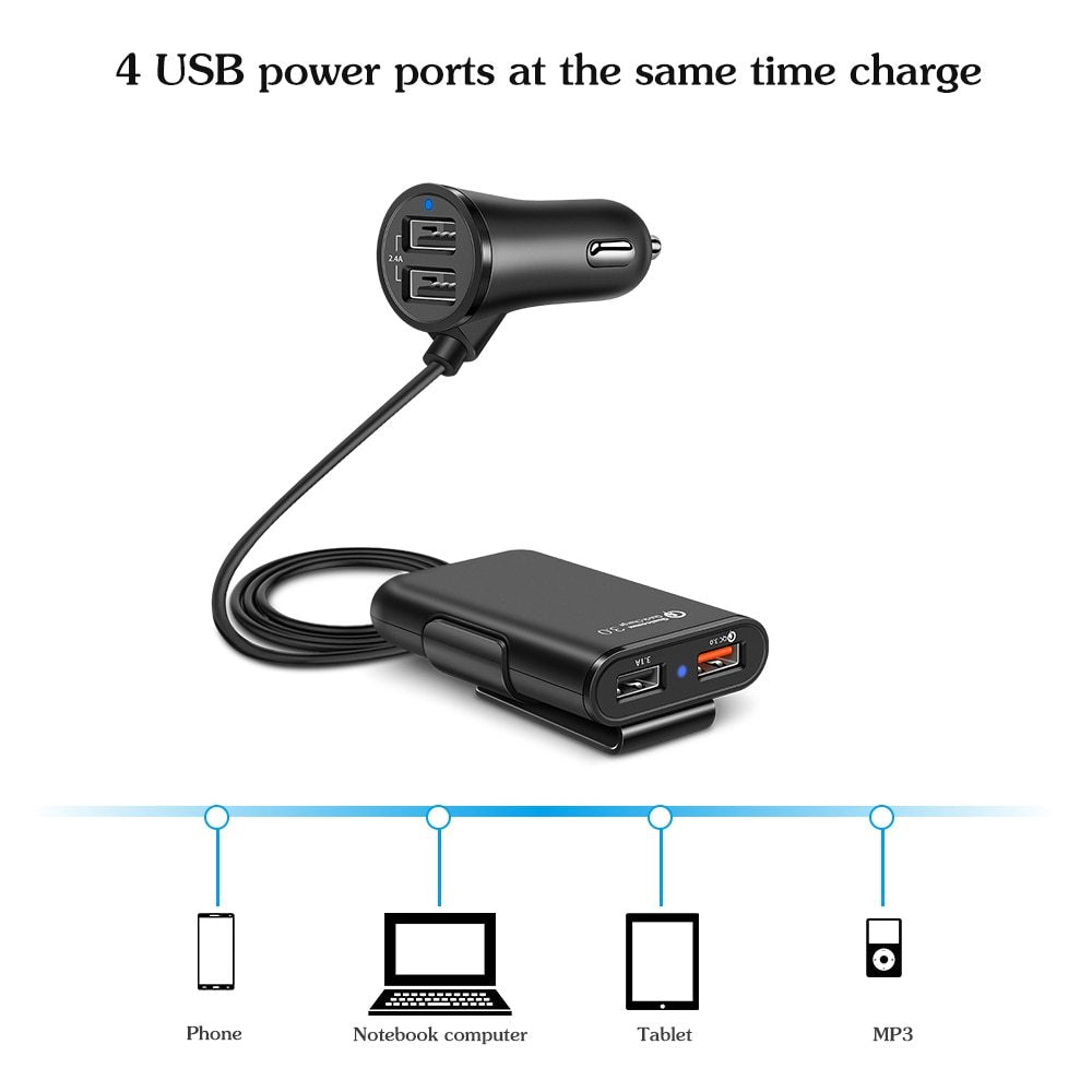 Compatible With  Back Seat Car Charger QC3.0 2.4A3.1A 4 USB Car Charger With Cable A Clip