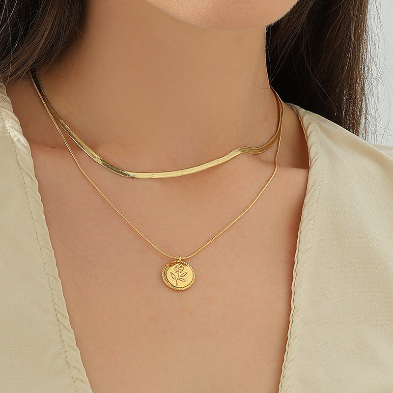 Blade Chain Double Layer Twin Rose Brass Gold Plated Short Necklace