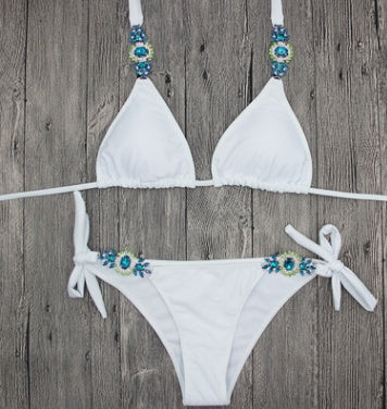 Maillot de bain fendu sexy en forme de bikini avec diamants de couleur unie