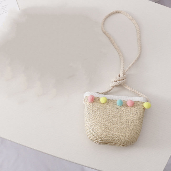 Ensemble de sac de chapeau de paille pour enfants de couleur unie petite boule