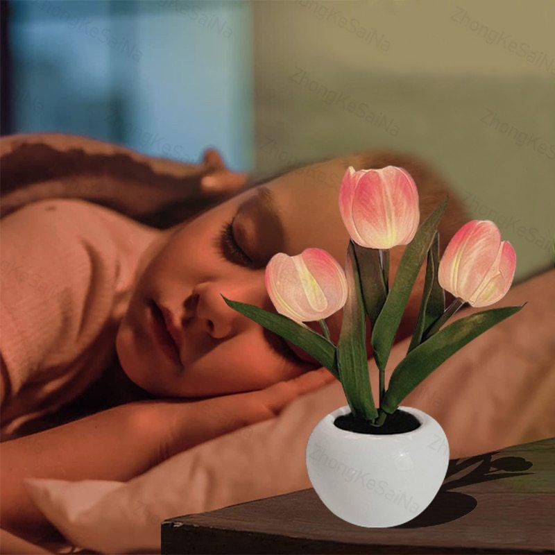Lámpara LED de noche de tulipán, lámpara de mesa de flores de simulación, decoración de la habitación del hogar, lámpara de ambiente, regalo romántico en maceta para luces LED de oficina