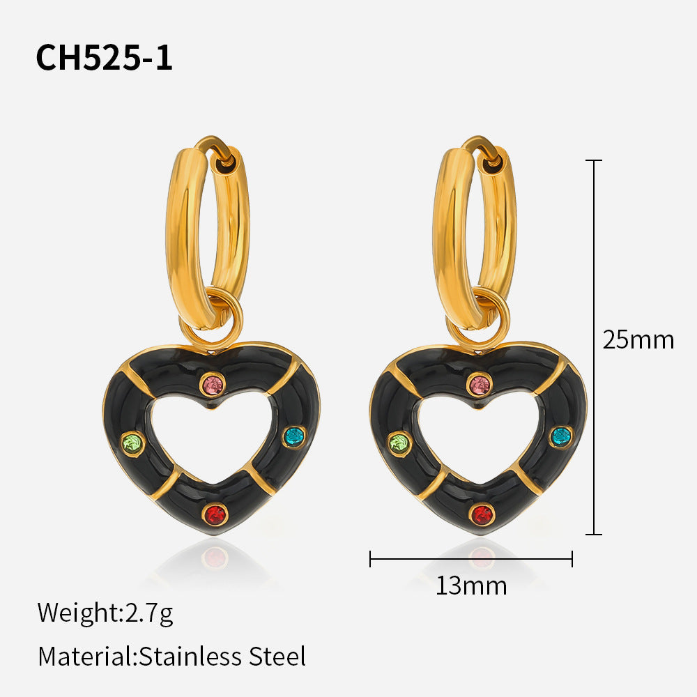 Boucles d'oreilles polyvalentes en forme de cœur avec diamants et huile goutte à goutte multicolores