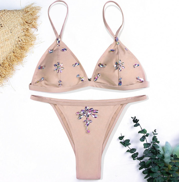 Maillot de bain brésilien de luxe avec diamants scintillants, soutien-gorge Push Up, ensemble deux pièces, en cristal, taille basse, pour femmes 
