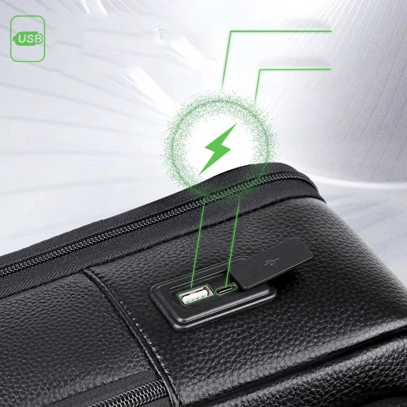 Bolso de viaje de gran capacidad impermeable y antirrobo con carga USB de cuero para hombres