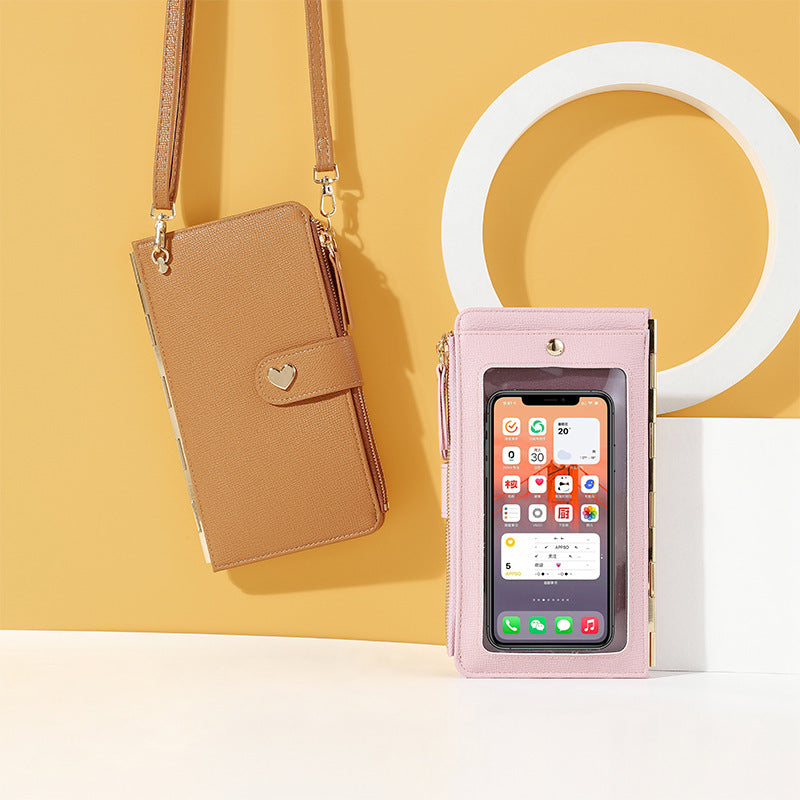 Bolsos para teléfono móvil con pantalla táctil transparente, cartera larga con hebilla de amor, bolso de hombro tipo bandolera multifuncional para mujer