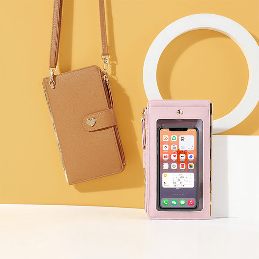 Bolsos para teléfono móvil con pantalla táctil transparente, cartera larga con hebilla de amor, bolso de hombro tipo bandolera multifuncional para mujer