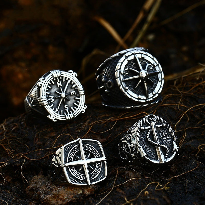 Bague d'ancrage de bateau pour hommes, boussole Vintage en acier titane