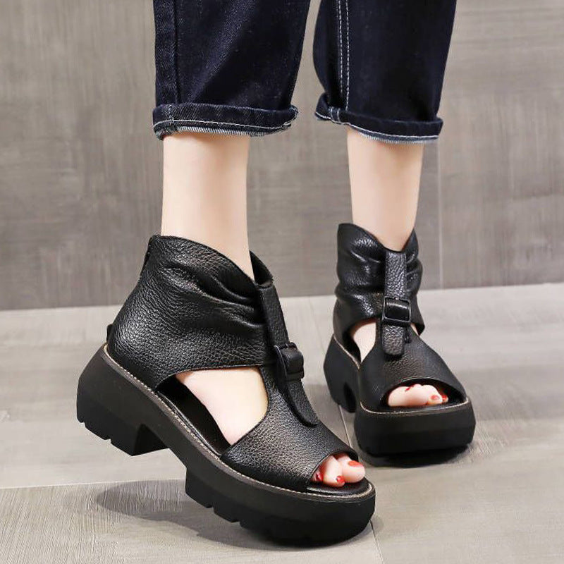 Sandales d'été à talons épais et bout ouvert de Style romain, sandales montantes augmentant la hauteur
