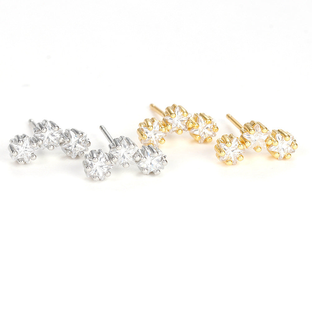 Aiguille en argent sterling étoiles géométriques trois grands clous d'oreilles en zircon léger luxe et simplicité