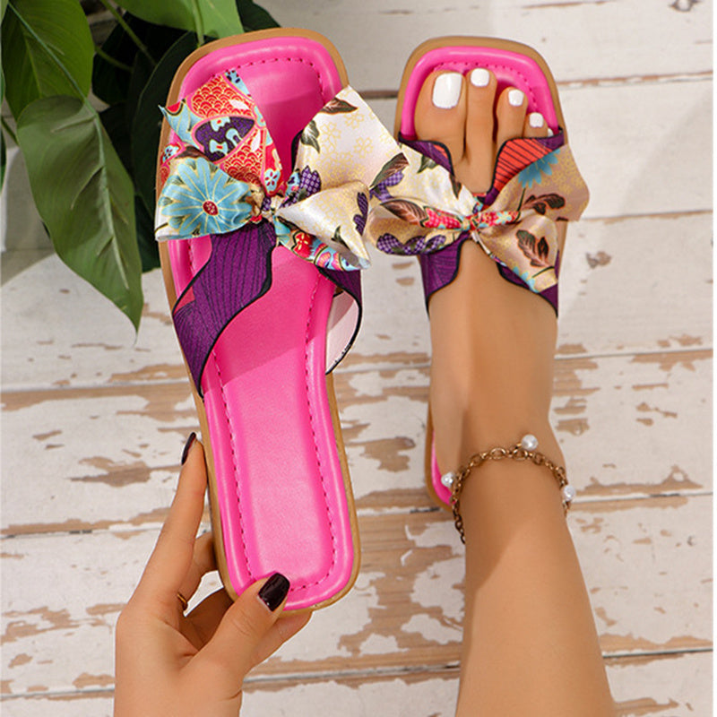 Sandales à nœud en ruban pour femmes, chaussures d'été à bout carré et à talons bas, diapositives à la mode, chaussures de plage décontractées