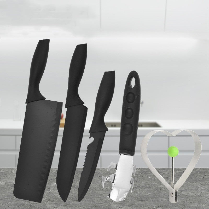 Ensemble de cinq pièces à lame noire en acier, couteau de cuisine, couteau à fruits avec machine à omelette, ensemble d'épluchage