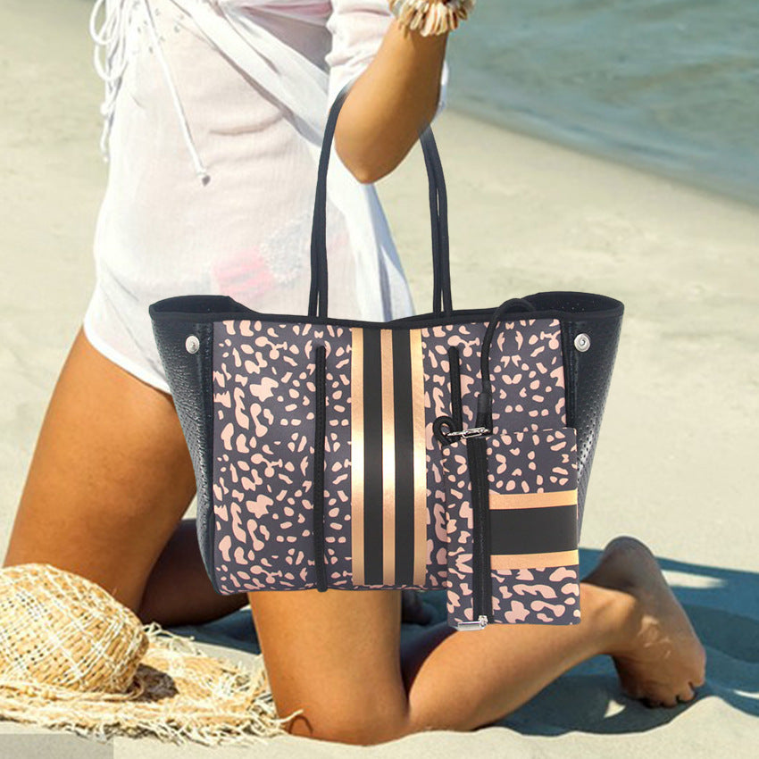 Bolso de playa portátil negro impreso con estampado de leopardo, viaje de ocio