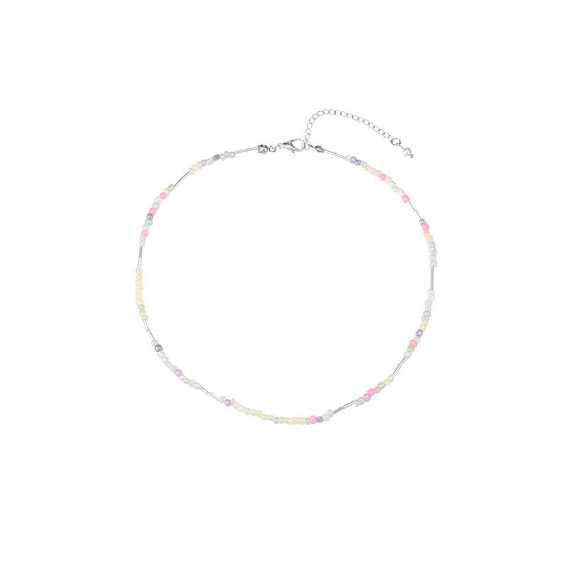 Color Bow Beaded Necklace Female Flower Short Pearl Necklace