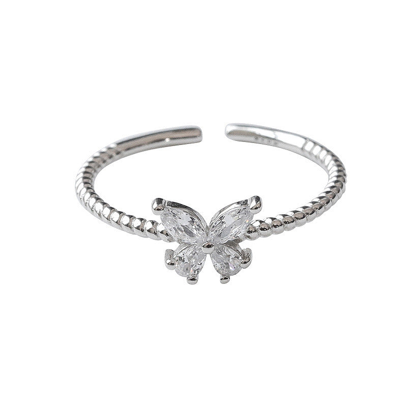 S925 Sterling Silver With Shiny Diamond Butterfly Ring Female Cold Style Light Luxury Minority High-grade All-match Diamond Ring