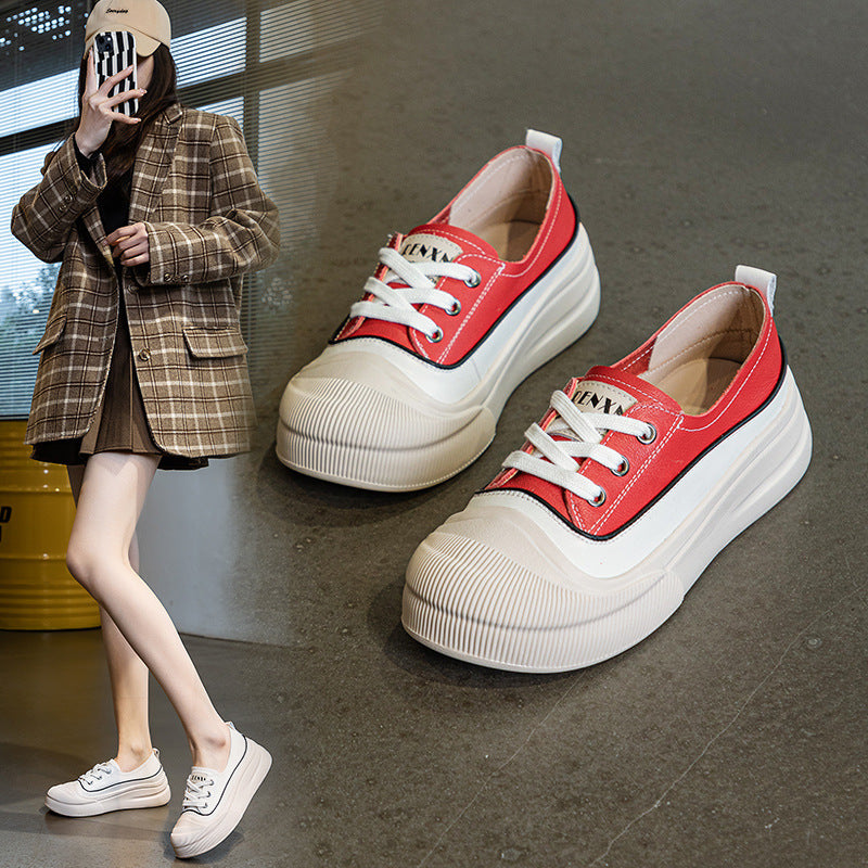 Chaussures blanches en cuir véritable pour femmes, plateforme à lacets de couleur assortie