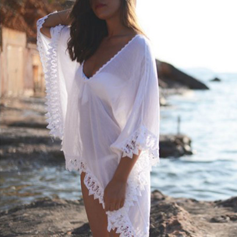 Chemisier blanc en dentelle de bikini de plage de couleur unie à la mode