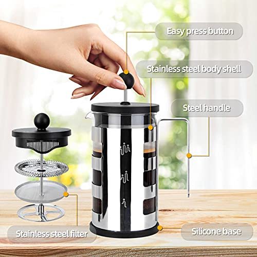 Cafetera De Prensa Francesa 4 Tazas, Cafetera Con Carcasa De Acero Inoxidable - Resistente Al Calor - Prensa De Café Con Filtro De Acero Inoxidable Para Amantes Del Café, Plata, 350 Ml Y 600 Ml