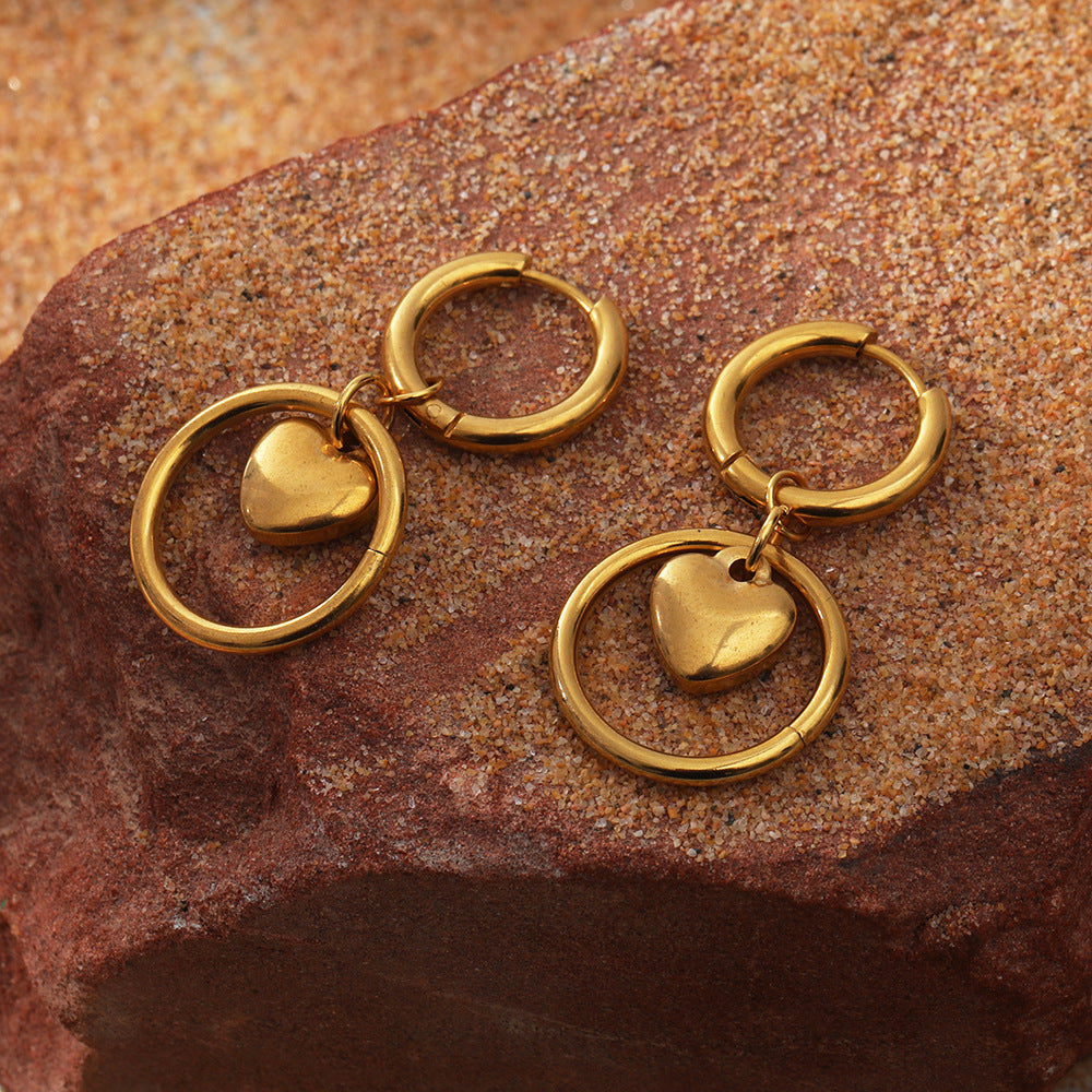Boucles d'oreilles en acier inoxydable 18 carats, plaqué or véritable, cercle, cœur d'amour