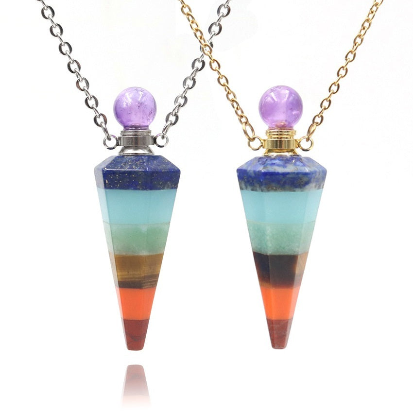Collier pendentif en pierre de cristal naturelle, couture de sept couleurs, cône Hexagonal, bouteille d'huile essentielle de parfum