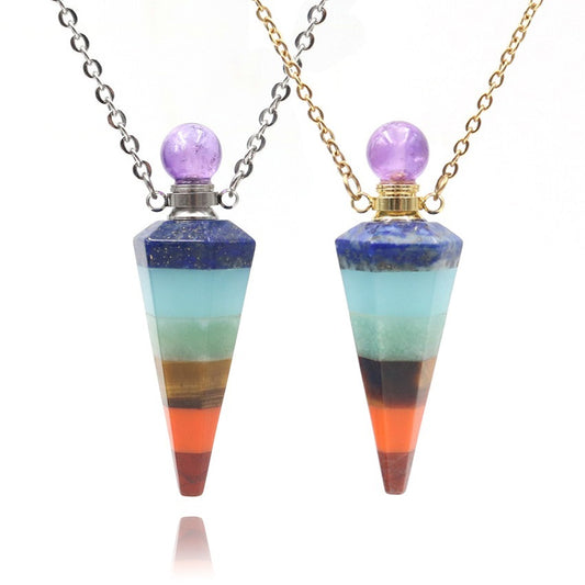 Collier pendentif en pierre de cristal naturelle, couture de sept couleurs, cône Hexagonal, bouteille d'huile essentielle de parfum