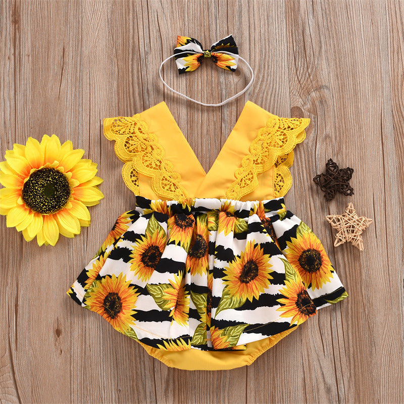 Barboteuse Triangle d'été pour bébé fille, emballage en dentelle pour nouveau-né, barboteuse une pièce tournesol pour bébé