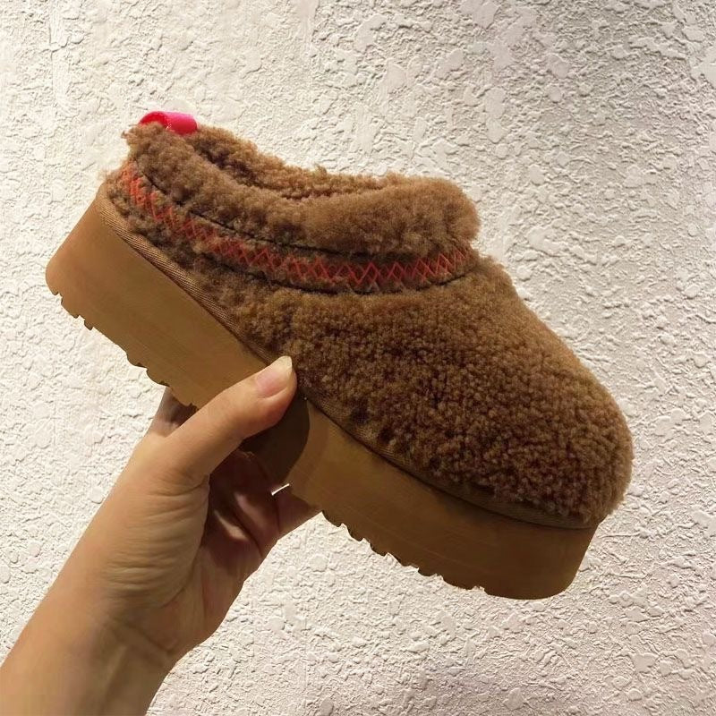 Thick Bottom Increased Closed Toe Fluffy Slippers Wear Velvet Thermal Non-slip Cotton Shoes