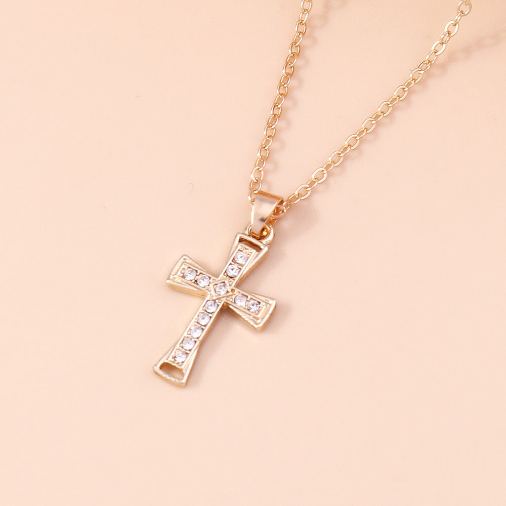 Fashion Simple Women's Diamond Spot Drill Hollow Cross Sweater Chain Necklace