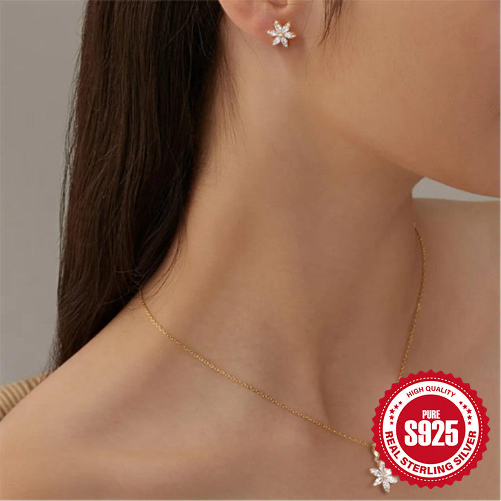 Sterling Silver Crystal Snowflake Ear Stud Necklace Suit
