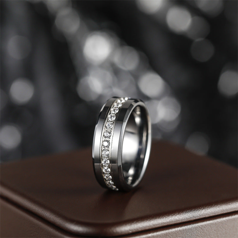 Bague en tungstène argenté unisexe à une rangée de diamants incrustés de pente