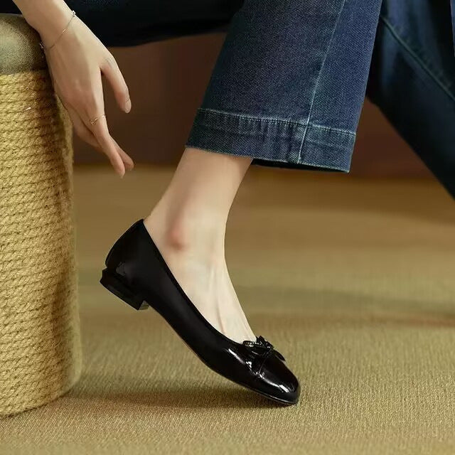 Chaussures plates en cuir verni à nœud vintage de style français